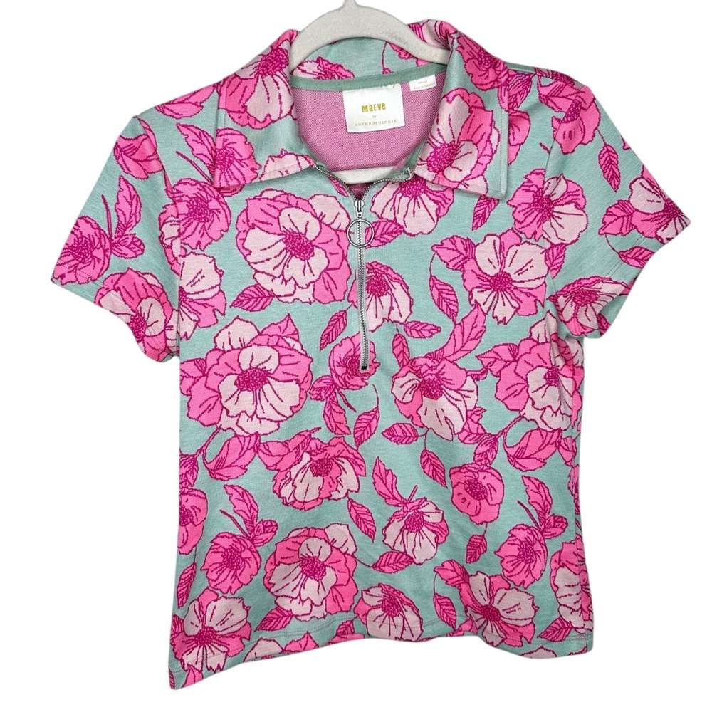 Anthropologie Maeve Short-Sleeve Floral Jacquard Top Pink/Green Medium - Picture 5 of 14